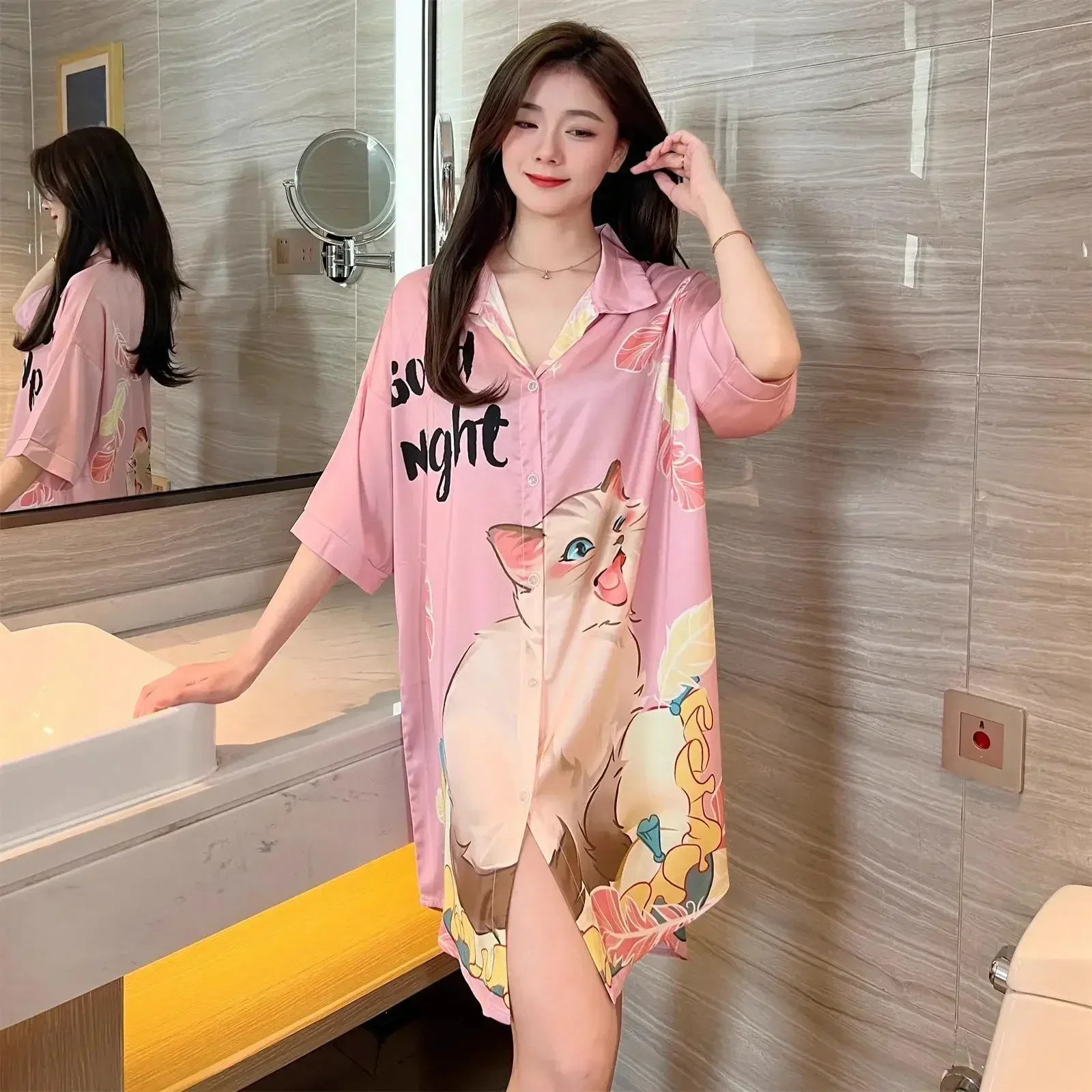 Summer New Women Short sleeve Ice Silk Sleep Dress Nightgown Plus Size 4XL Pajamas Shirt Fashion Sundress Loose Home Clothes