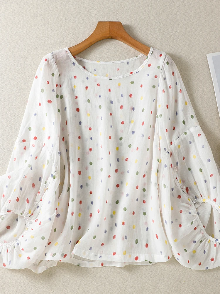 

Loose Breathable Large Size Women's T-Shirt round Neck Lantern Sleeve Silk Summer Casual Top Polka Dot