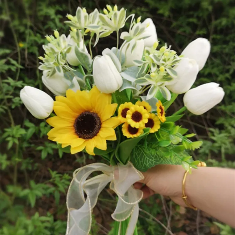 Free Shipping High Quality Mixed Imitation White Tulip Sunflower Holding Flower Bridal Wedding Bouquet Finished Artificial