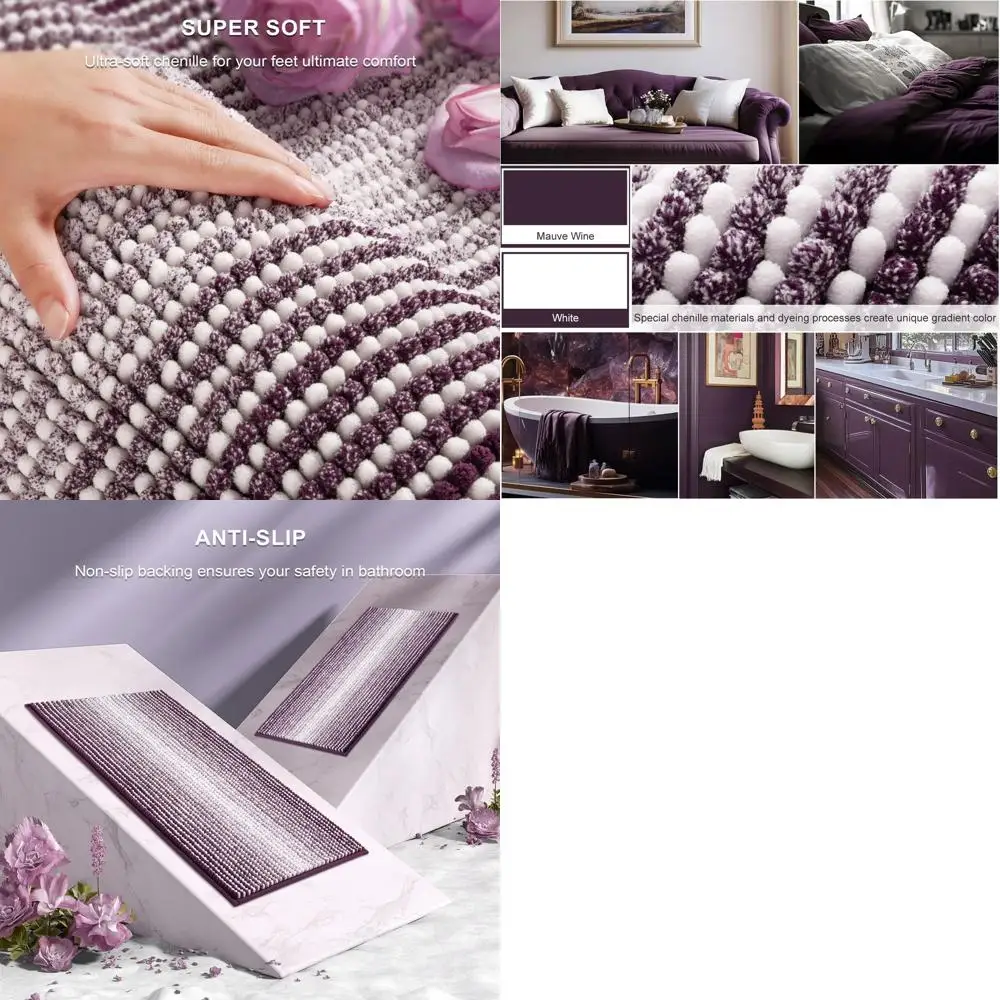 

2-Piece Soft Chenille Bath Mat Set, Absorbent Non-Slip Mats for Bathroom, Machine Washable, Mauve Wine (24x70 + 20x32)