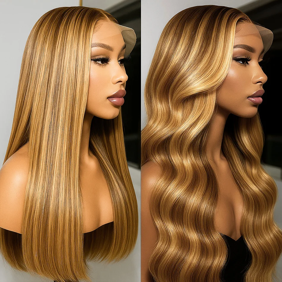 

200% Highlight Wig Человеческие волосы 13x4 Прямые парики из натуральных волос на кружеве Предварительно выщипанные 4/27 Цветные бразильские Hd Кружевной фронтальный парик