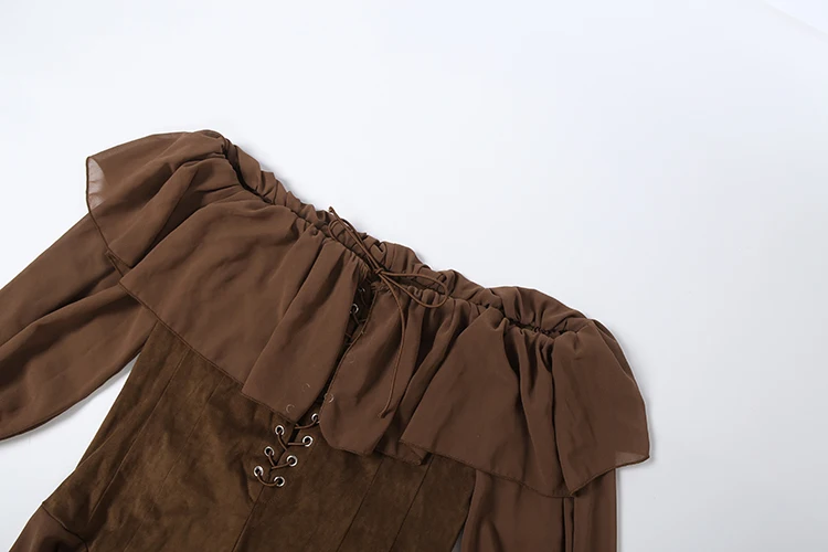 Weird Puss Rüschenrand Elegantes Bodysuit-Kleid für Damen, Mesh-Patchwork, schräger Ausschnitt, ausgestellte Ärmel, Geburtstagsparty-Stil, Mini-Bodycon – Detail 6