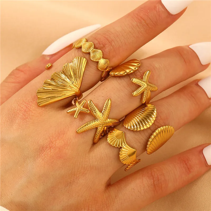 Bohemian Stainless Steel Starfish Scallop Ring Women Hawaii Beach Open Jewelry Girl Summer Seaside Holiday Rings Accessories