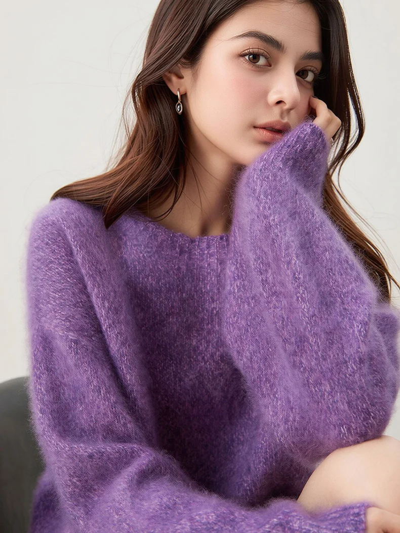 SuyaDream, Women Heavy Weight Heather Yarn Brushed Wool Sweater, Crew Neck Lazy Fit Soft Warm Knit Pullover for Fall Winter