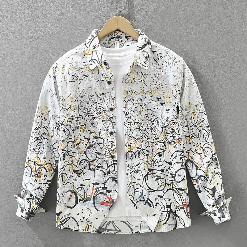 

2026, весенне-осенние новые повседневные мужские рубашки из 100% хлопка с длинными рукавами и принтом, уличная одежда с мягким отложным воротником