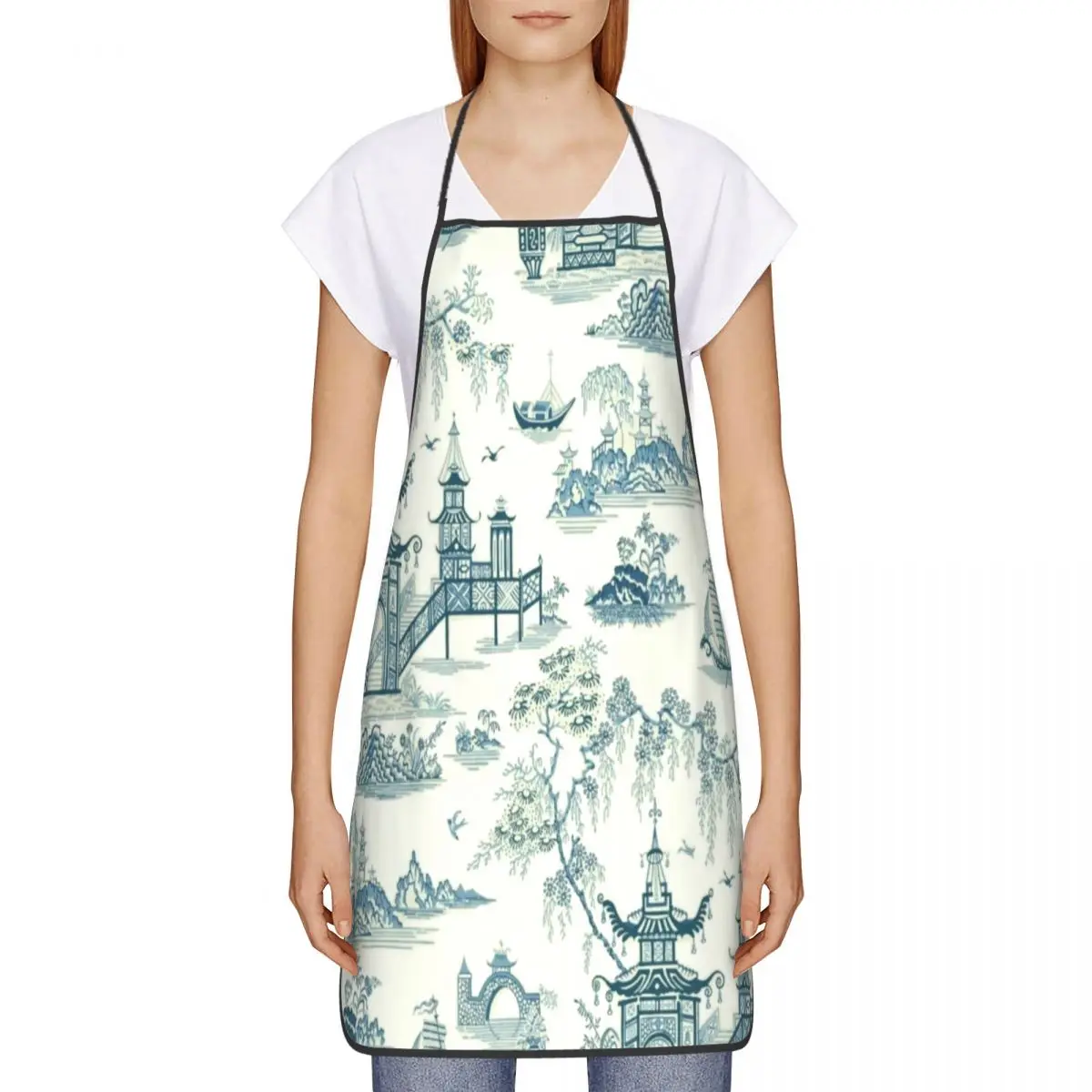 Oriental Pagoda Chinoiserie Vintage Temple Garden Bib Apron Men Women Unisex Kitchen Chef Tablier Cuisine for Cooking Baking