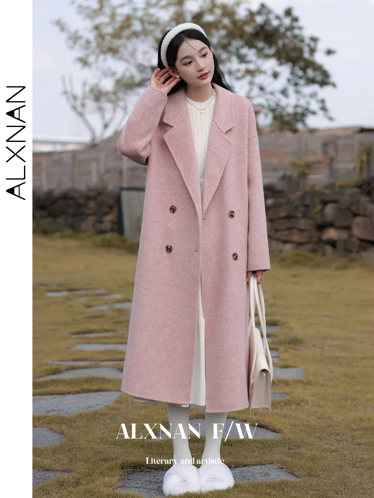 ALXNAN Women New in Outerwears 2024 Winter Warm Long Wool Blend Coats Notched Collar Double Faced Woolen Overcoat LXN277138