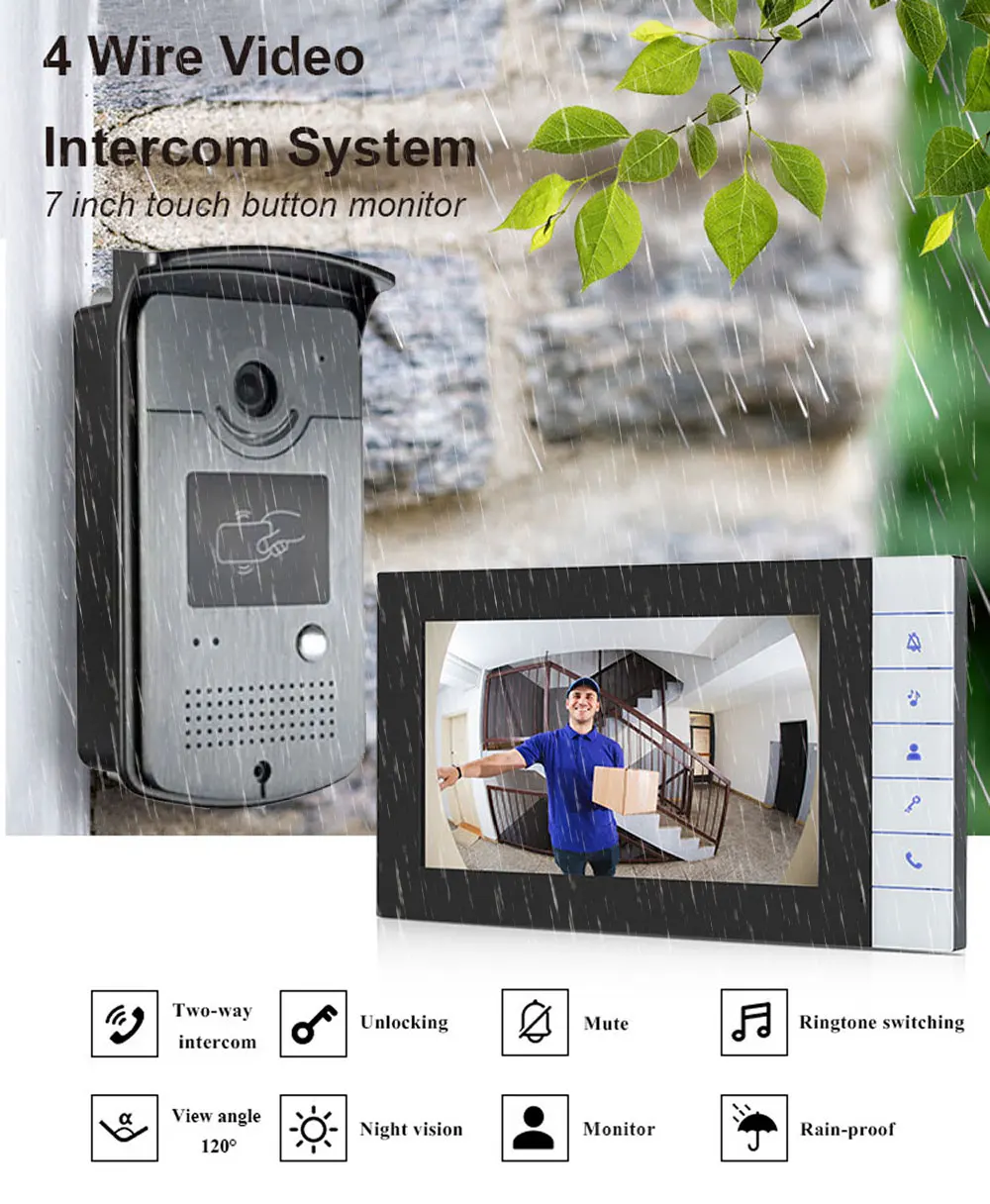 Wired Video Intercom System Video Entry Door phone Doorbell 7 inch LCD Monitor with RFID Outdoor Camera for Home Villa Apartment