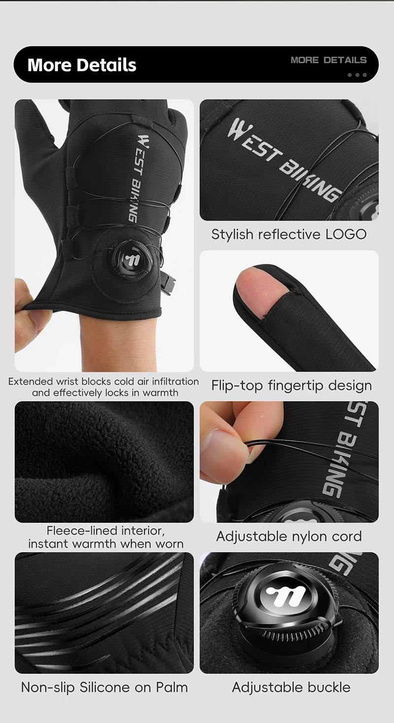 WEST BIKING Winter-Wärmehandschuhe für Herren, winddicht, mit Fleece, selbstverriegelndem Knopf, Touchscreen-fähig, rutschfest, für Mountainbike, Rennrad und Motorrad. – Detail 15