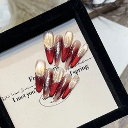 10PCS Red Cat's Eye French Fake Nails Press On Acyrlic Nails Blush Butterfly Decoration Handmade Flash Almond False Nails Long