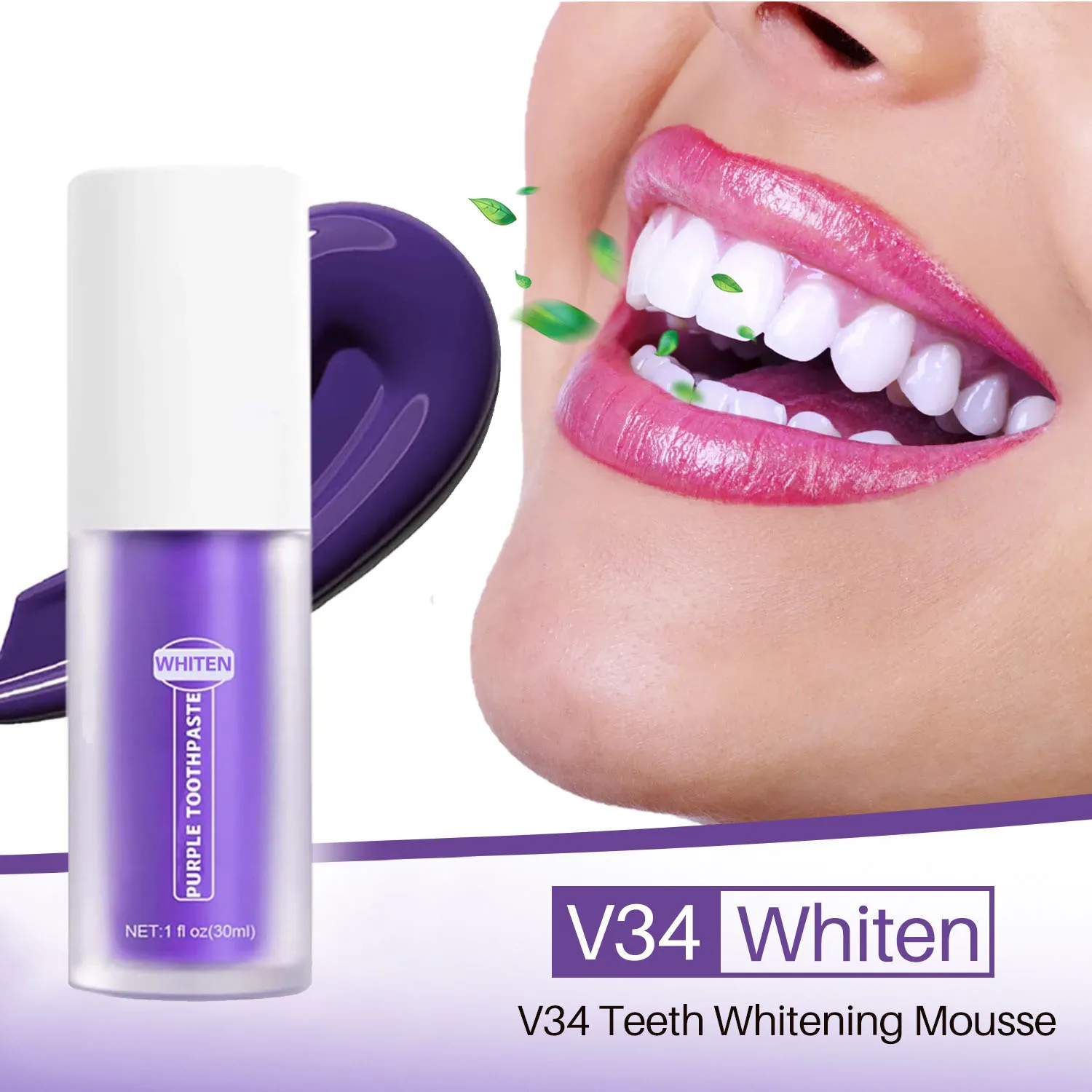 V34 Dentes Branqueamento Creme Dental Mousse, Remove Placa Amarela, Mancha De Fumaça, Reparação Dental, Limpeza Brilhante, Higiene Oral, 30ml