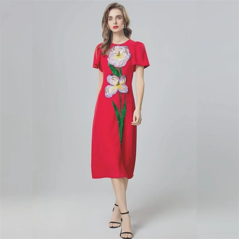 

Весна и лето 2021, новая женская одежда, круглый вырез, короткие рукава, тяжелая промышленность, вышитая талия, средняя и длинная