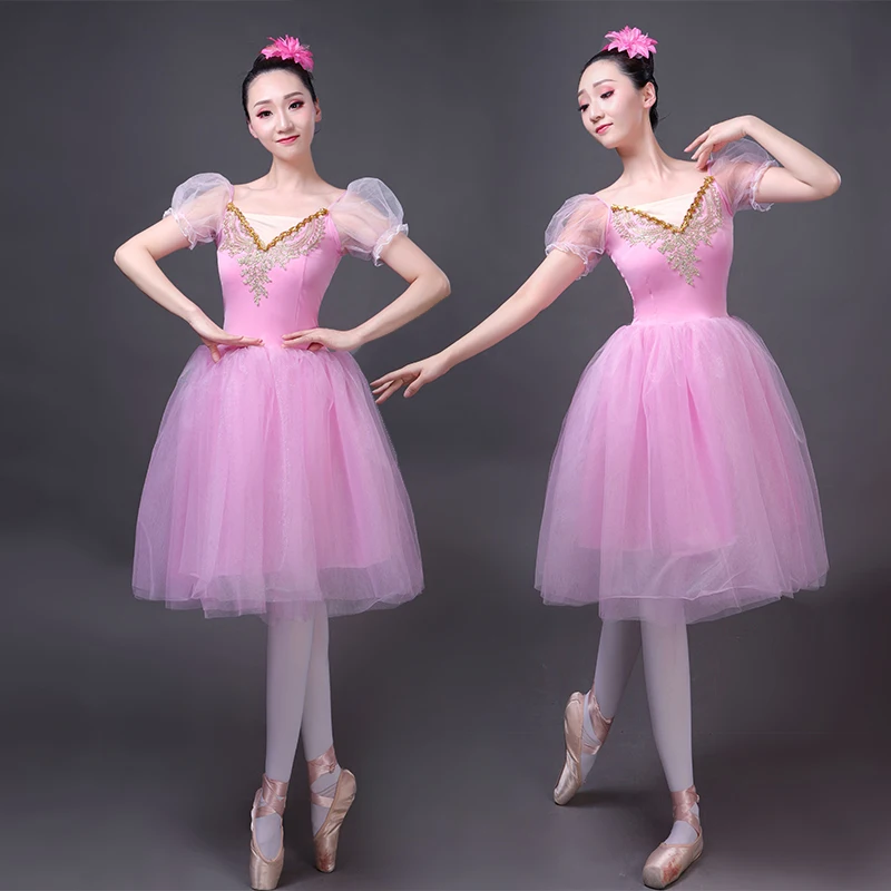 J60 Dance Mesh Net Gauze Ballet Dress Swan Lake Performance Prom Dress Blue Pink White Yellow Bubble Sleeve Party Dresses