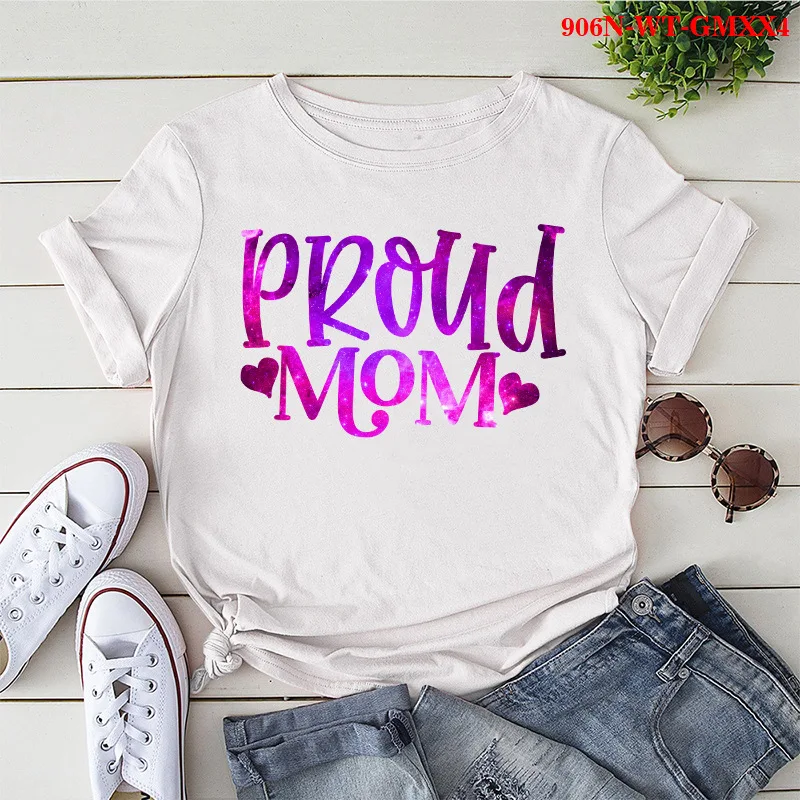 Proud Mom Heart Purple Print Women T Shirt Short Sleeve O Neck Loose Women Tshirt Ladies Tee Shirt Tops Camisetas Mujer