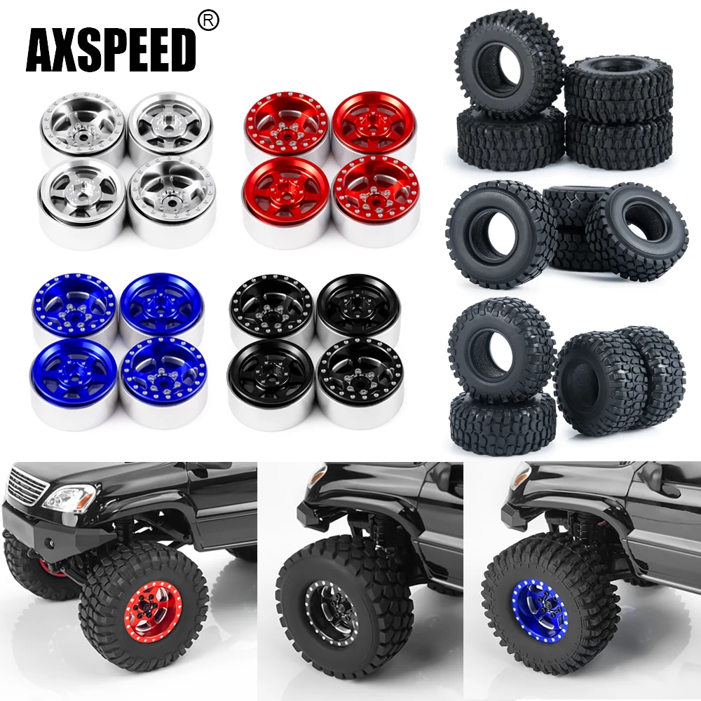 AXSPEED Micro 1.0inch Alu Alloy Beadlock Wheel Rims / 54mm Rubber Tires for Axial SCX24 1/24 TRX-4M 1/18 RC Car Upgrade Parts