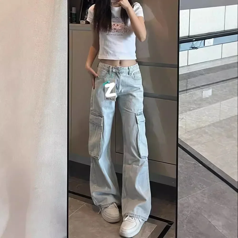 

NICE Heavy Duty Washed Straight Leg Workwear Denim Pants American Retro Multi Pocket Women's Autumn Street Style Wide Leg Long T