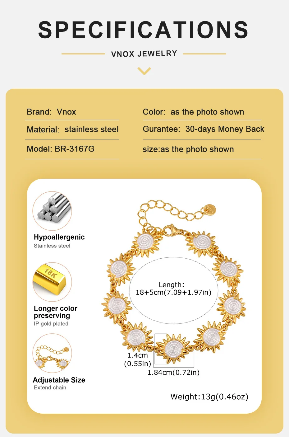 Vnox Bohemia Sun Spiral-Armband für Damen, trendiger Edelstahl, 18 Karat vergoldet, mehrlagig, stapelbar, Handgelenkskette, Strandschmuck – Detail 4