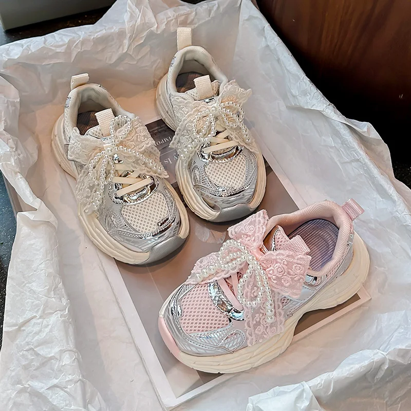 Girls Sweet Gauze Bow Decorative Sneakers 2025 New Spring and Autumn Breathable Fashion Beaded Children's Running Shoes.