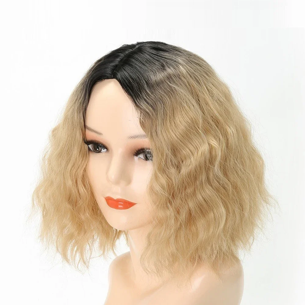 Blonde Fashion Corn Silk Water Wave Synthetic Short Curly Wig For Women 14 Inch Golden High Quality Heat Resistant Fiber Wig