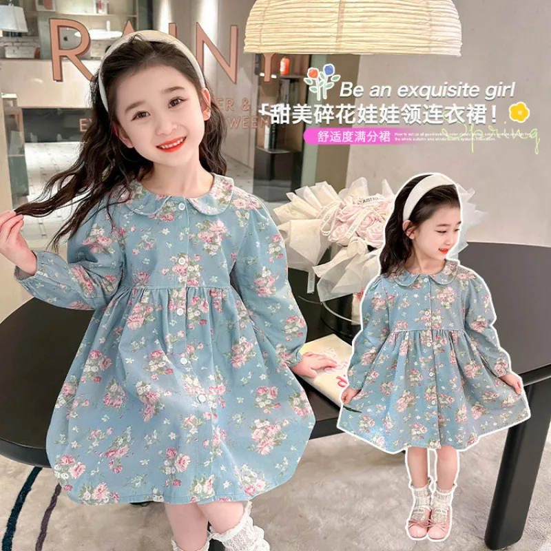 Girls Dress 2026 Spring New Foreign Style Comfortable Fashion Korean Version Ocean Sweetheart Doll Collar Floral Dress