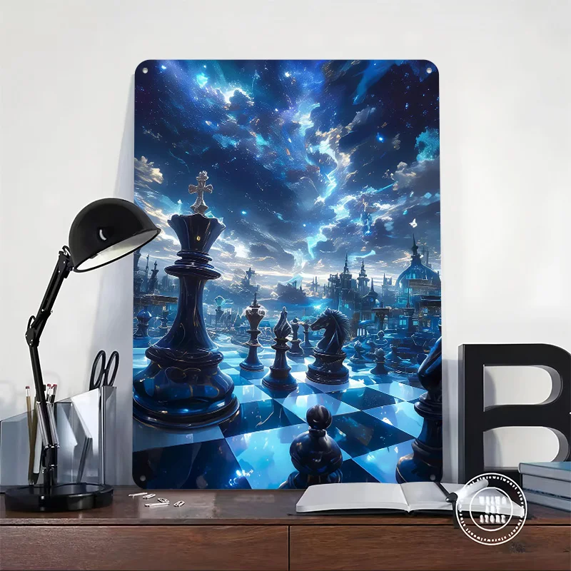 الشطرنج في الفضاء غالاكسي المعادن ملصق ديكور المنزل علامات القصدير المعدنية للتخصيص ل جدار الفن الديكور ديكورات للمنزل الرجعية