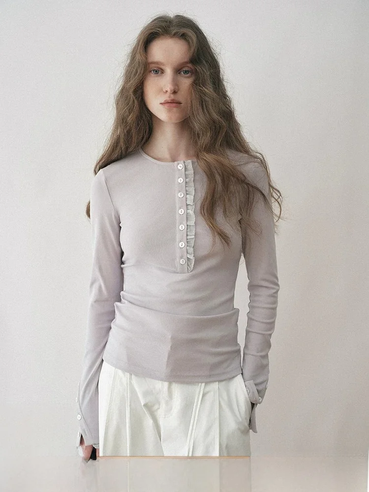 Slim Fit Long Sleeve T-Shirt Cotton Feel Women's Inner Wear Casual Style Spring Autumn Popchrio White Color Block Base Shirt