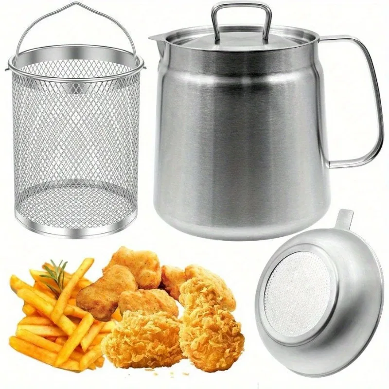 

304 Stainless Steel Oil Filter Pot with Strainer Deep Fryer Basket for Kitchen, Multi-function Frying Net Tank Grease Container