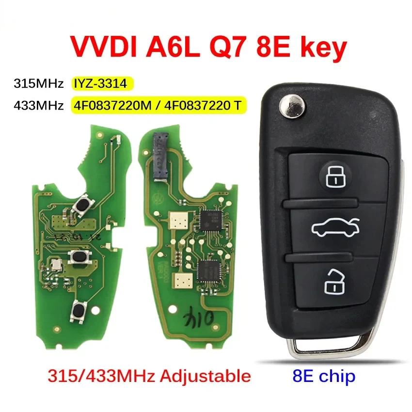 Xhorse VVDI Smart Remote Key 3 Buttons 315MHz/433/868Mhz 8E Chip for Audi A6L Q7 2005-2011 8E0 837 220Q   220R HU66