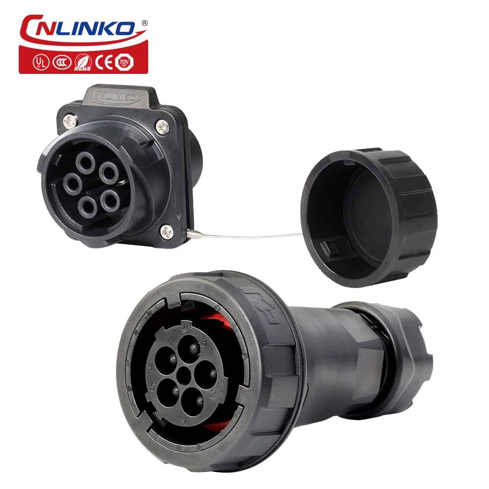 Cnlinko YM-28 IP68 พลาสติก 50A 500V AC อุตสาหกรรมวงกลมขั้วต่อสายไฟหญิง 5 พิน Connector กันน้ํา