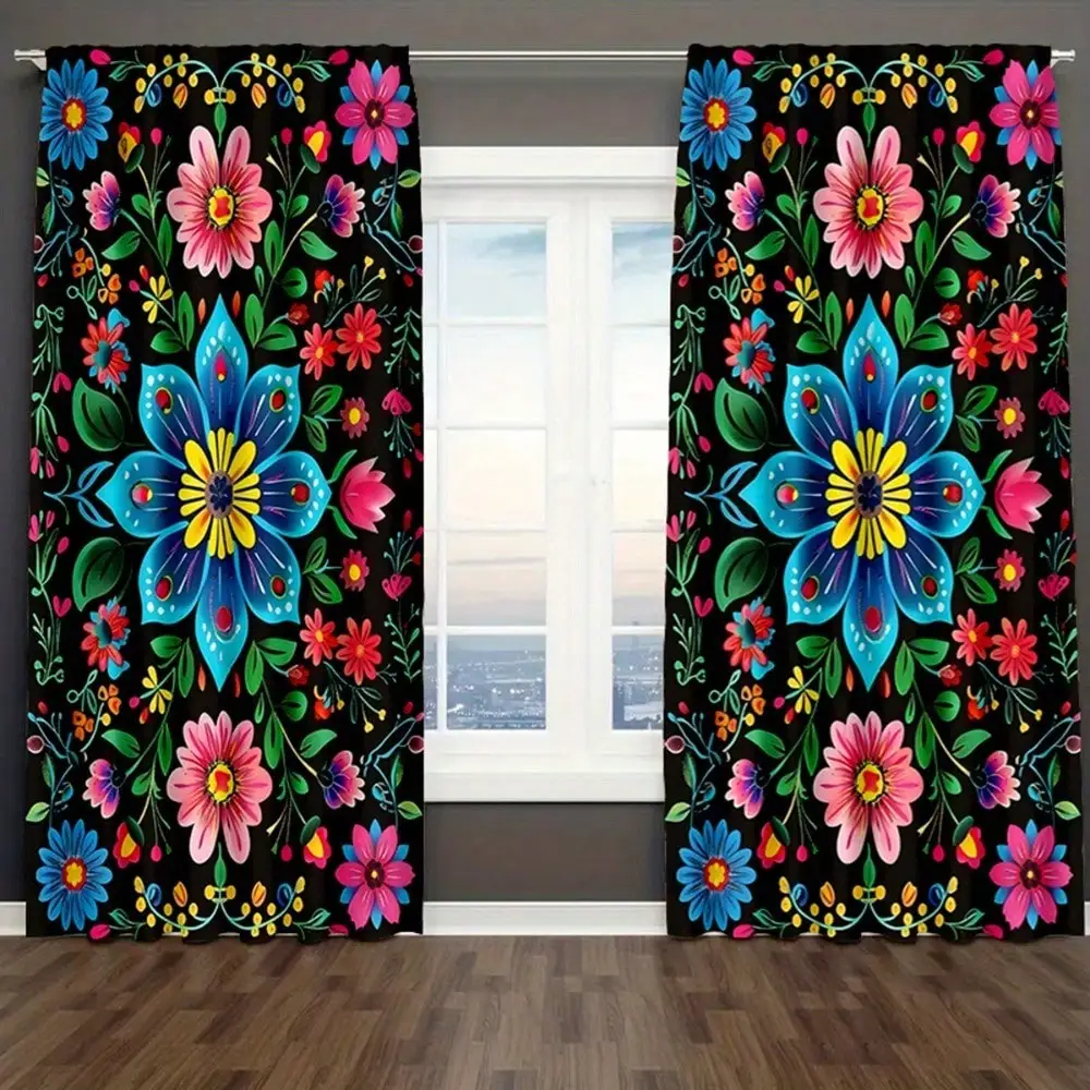 2PCS Curtains Bohemian Floral Print Curtain Soft Textured Privacy Protection Rod Not Included Curtain Panel Curtains Long