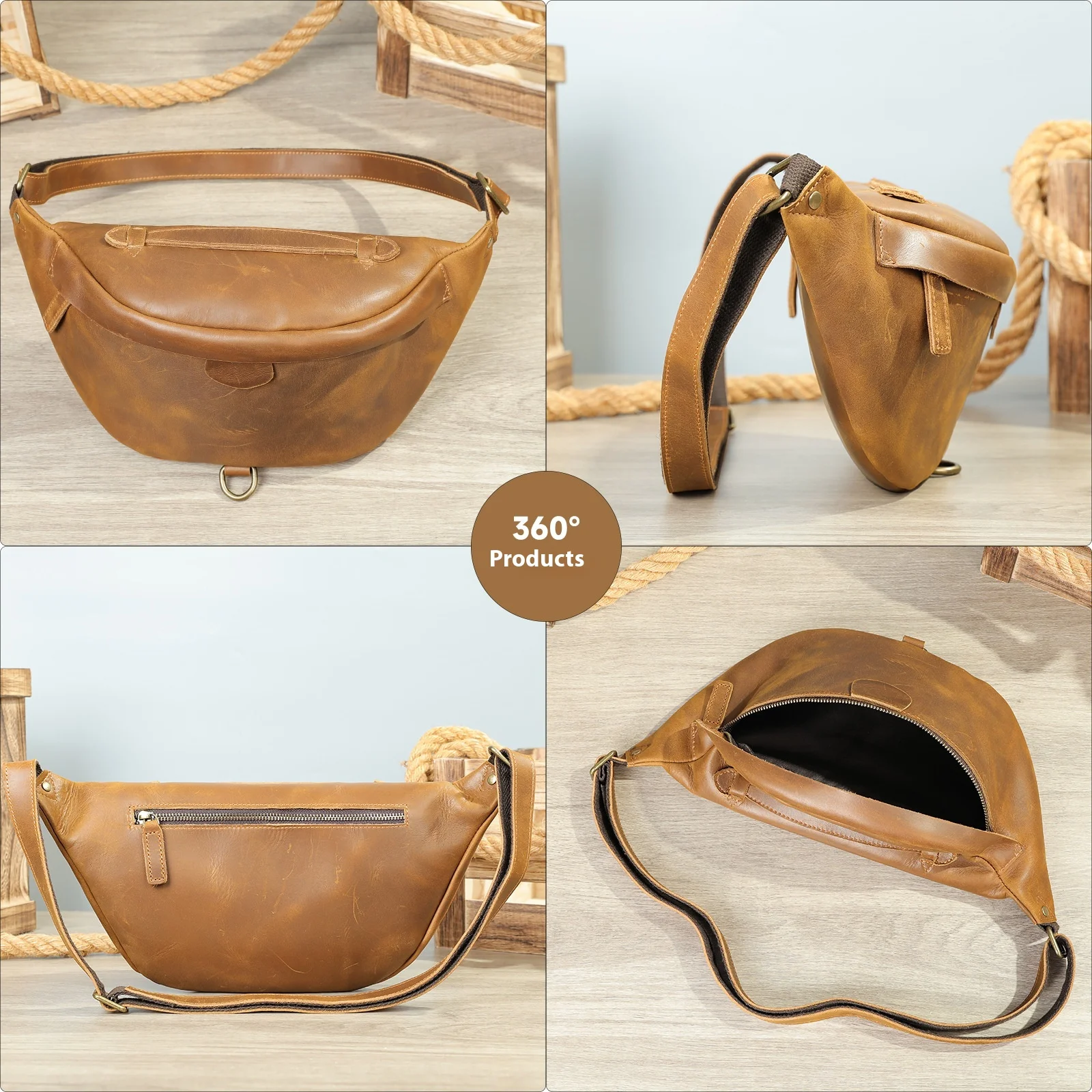Crazy Horse Leather Vintage Men's Waist Pack Outdoor Sports Large Capacity Genuine Leather Casual Multi-functional Chest Bag