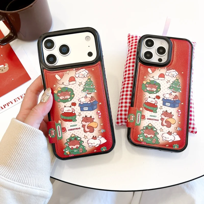 

Cute Cartoon Christmas fawn leather Phone Case For iPhone 13 14 15 1 61 7 Pro Max gingerbread man Wishing Tree gift Cover﻿