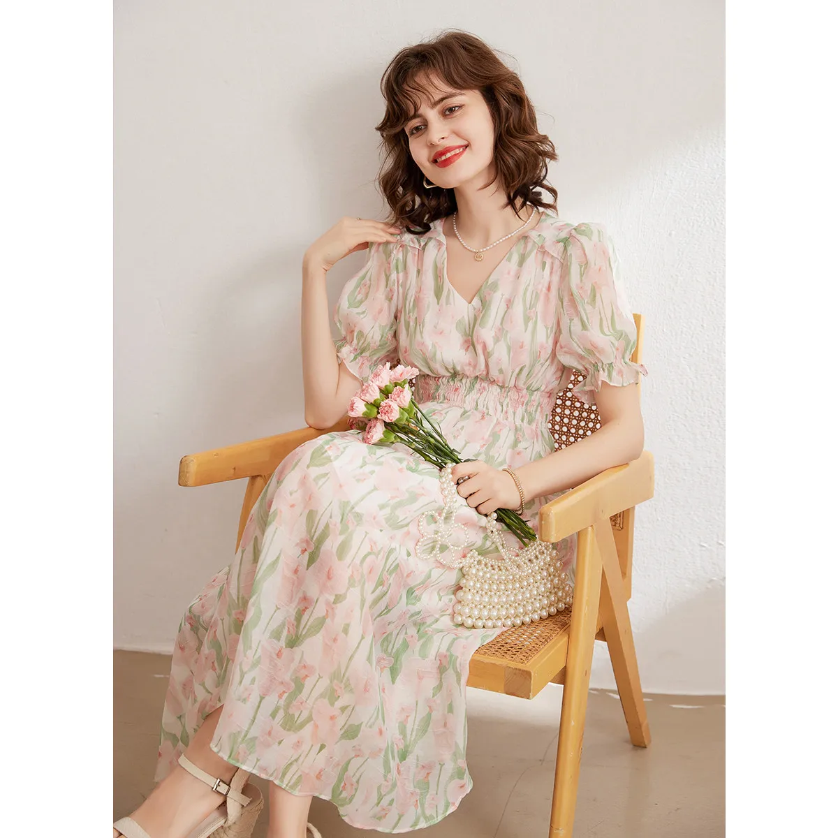 LOUIS YAO Dress 2024 Summer Tulip Print Women Dress Elegant V Neck Short Sleeve Slim Fit Long Dress