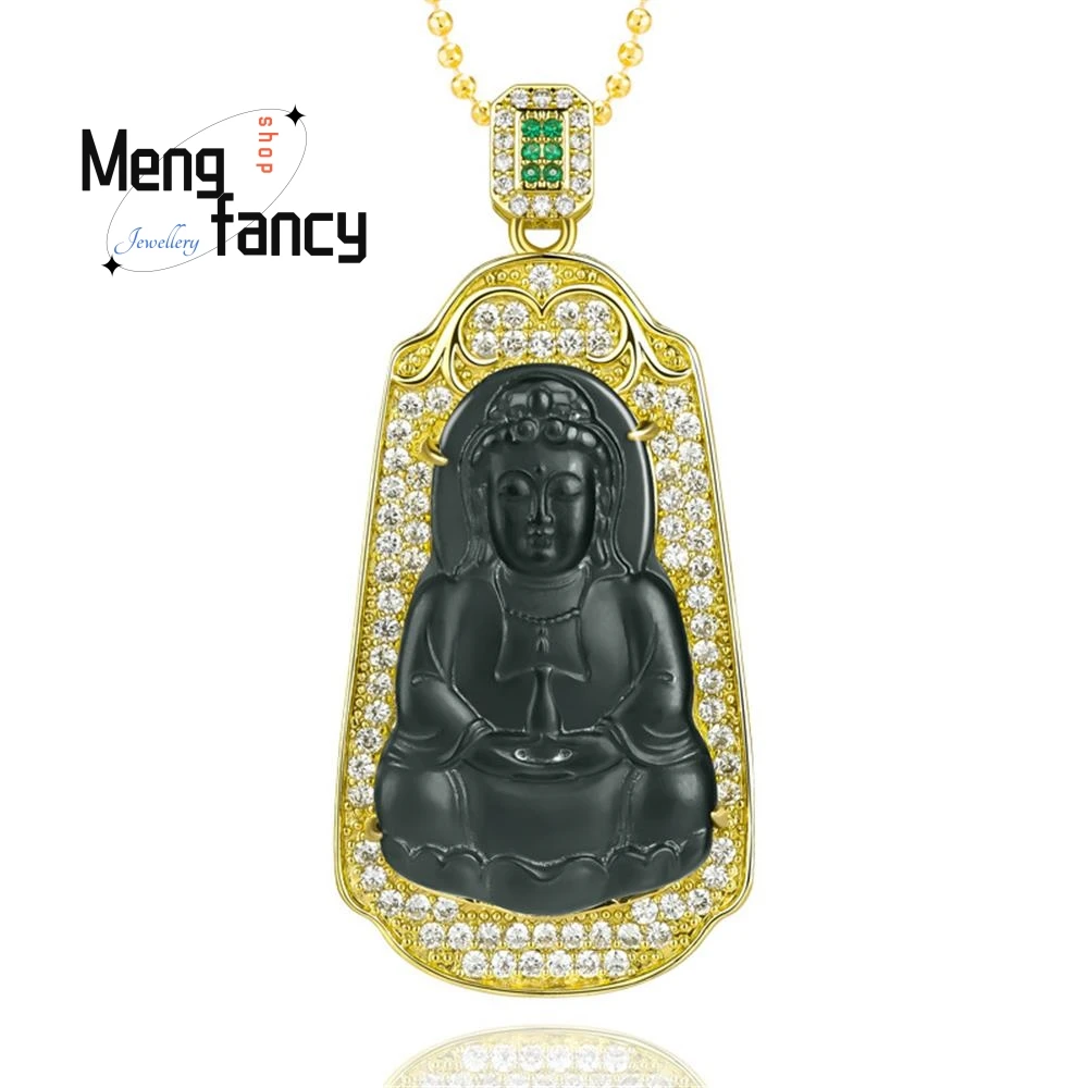 

High-grade Natural Old Material Hetian Green Jade Pure Bottle Goddess of Mercy Copper With Gold Plating Pendant Fashion Jewelry