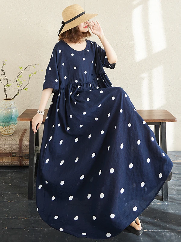 Summer New plus Size ort Sve round Ne Print Long Dr Faionable Simple Cross-Border Women's Dr Cotton Viscose Blend