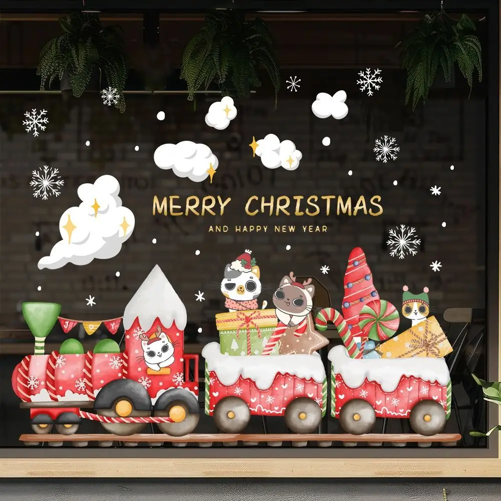 Multicolor Merry Christmas Sticker Cartoon Animal Ornament Christmas Train Window Sticker Electrostatic Waterproof