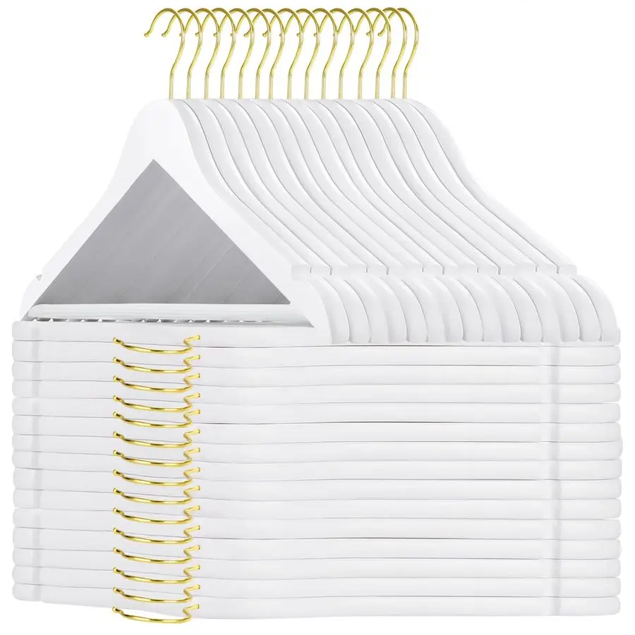 

Деревянные вешалки, 30 штук, белые, с поворотным на 360° золотым крючком, нескользящей планкой для брюк и выемками для плеч для топов-майок