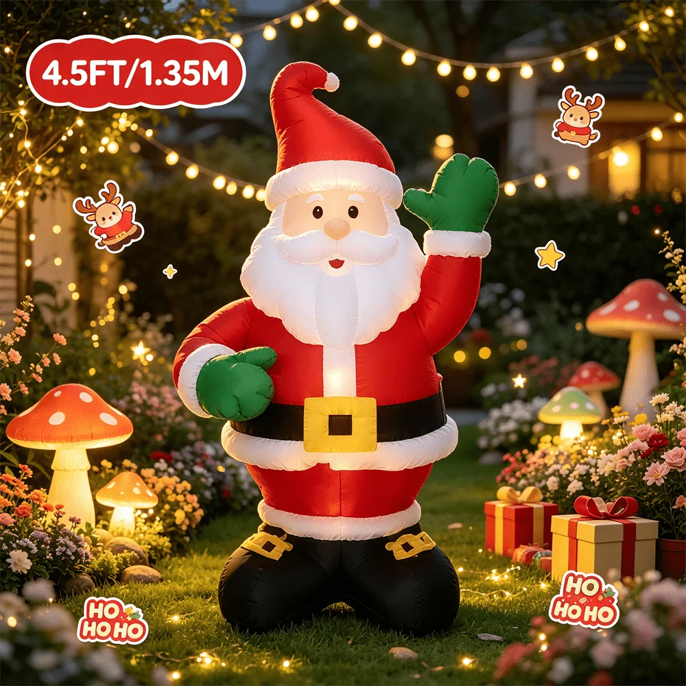 4.5FT Xmas Inflatable Toy Santa Claus with Green Gloves Classic Red Outfit with Light Courtyard Garden Holiday Party Decoration
