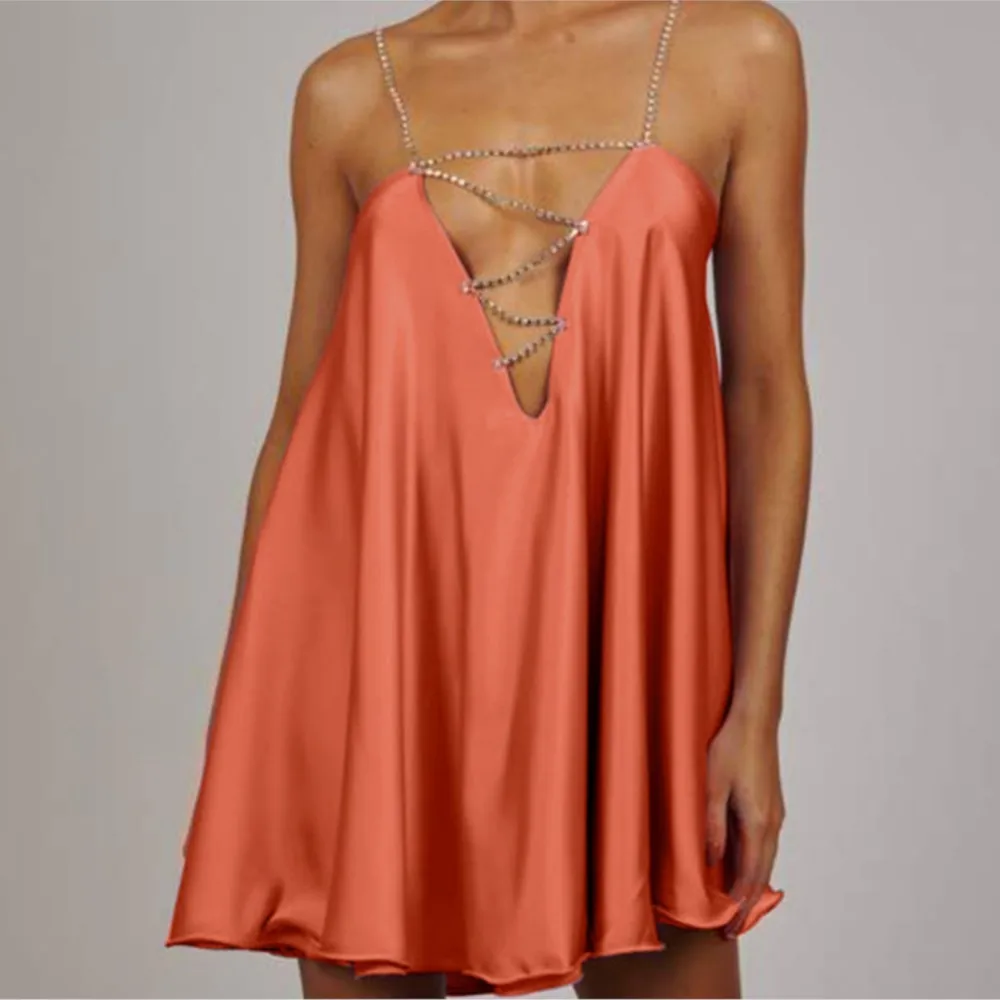 Sexy Club Party Dress Women Summer Deep V Neck Chain Spaghetti Strap Mini Dresses Y2k Fashion Loose Satin Short Dress Girl