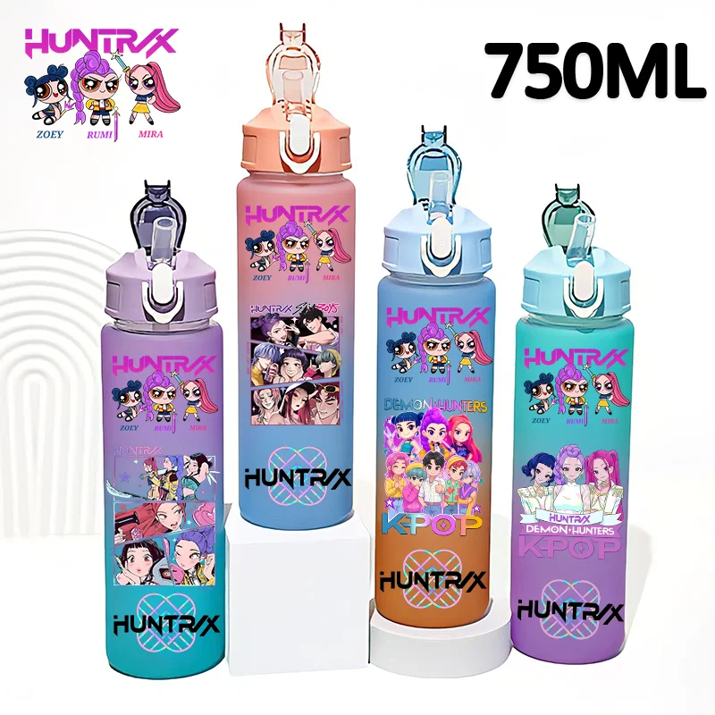 

750ML Kpop Demon Hunters Water Bottle K pop Warrior Rumi Mira Zoey K pop Drinking Bottle School Huntrix Gourde Plastic Water Cup