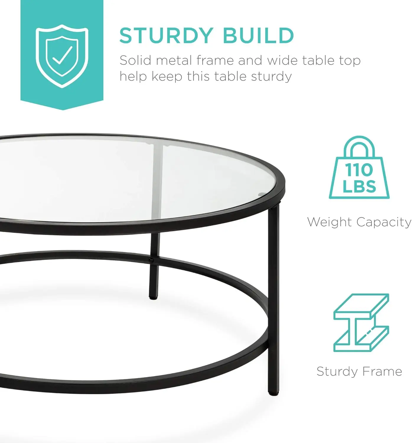 36in Modern Round Tempered Glass Accent Side Coffee Table for Living Room, Dining Room, Tea, Home Décor w/Metal Frame