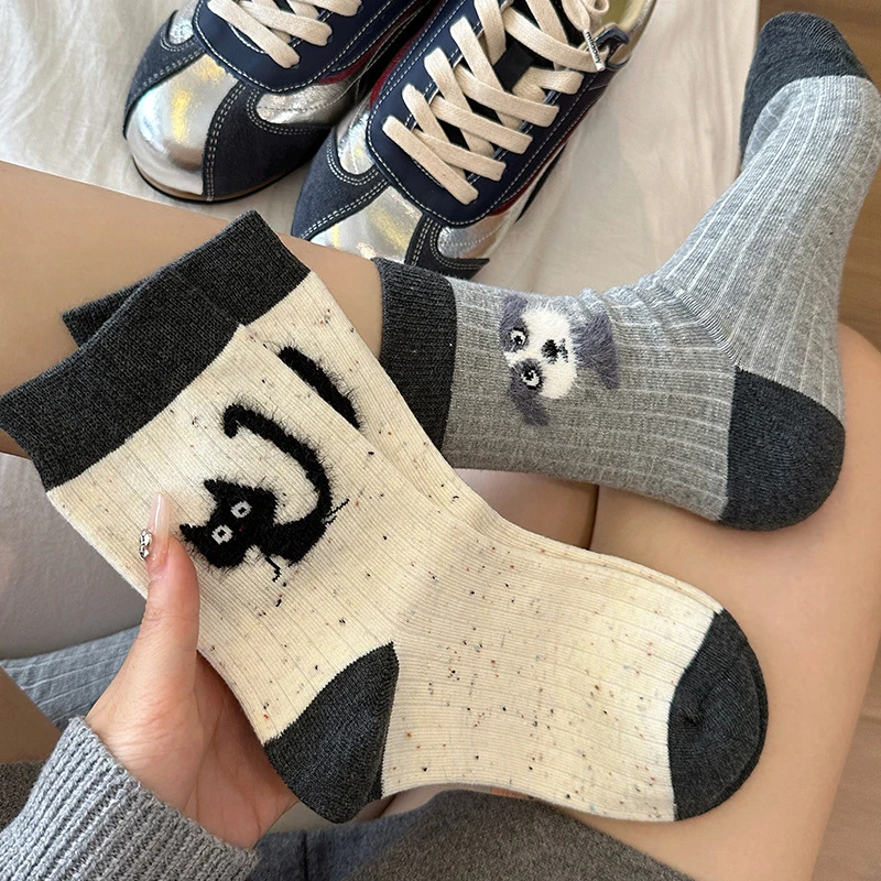 Cute Animal Socks Cartoon Puppy Cat Trendy Autumn/Winter Cotton Yarns Flocking Plush Stockings Fashion Warm Casual Women's Socks