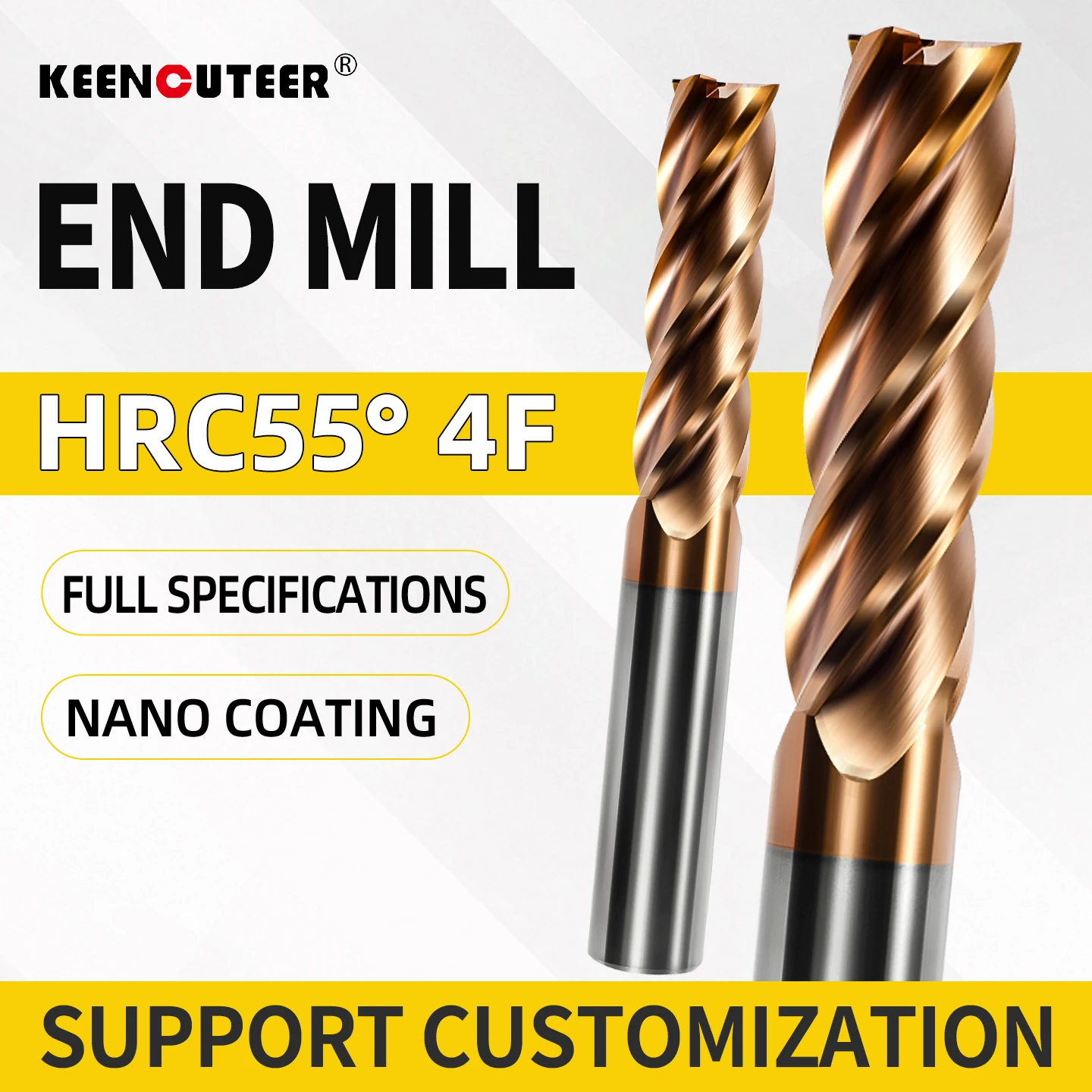 4-schneidiger Hartmetall-Schaftfräser HRC55 mit verlängertem geradem Schaft, CNC-Werkzeug mit hochharter Beschichtung für flachen Boden