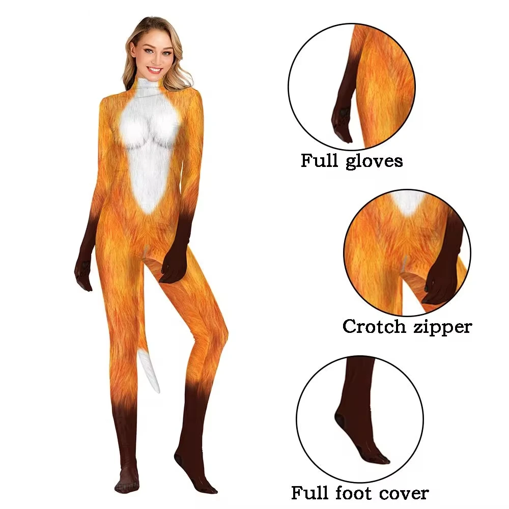 Various Halloween Animal Print Cosplay Party Jumpsuits Outfits Sexy Women Men Open Crotch Bodysuits With Tail Back Zipper Sets