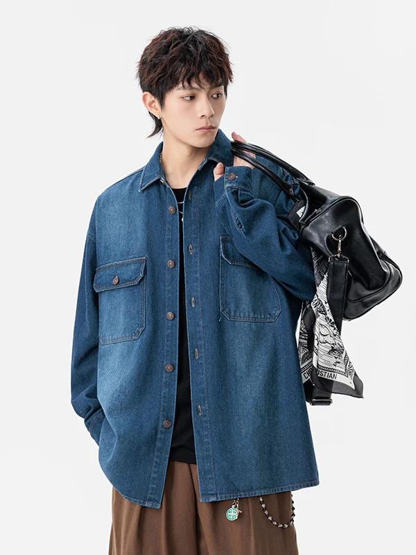 Men's Casual Thick Long Sleeve Denim Shirt Classic Pocket Design Spring Autumn Fashionable Versatile Leisure Workwear Jacket