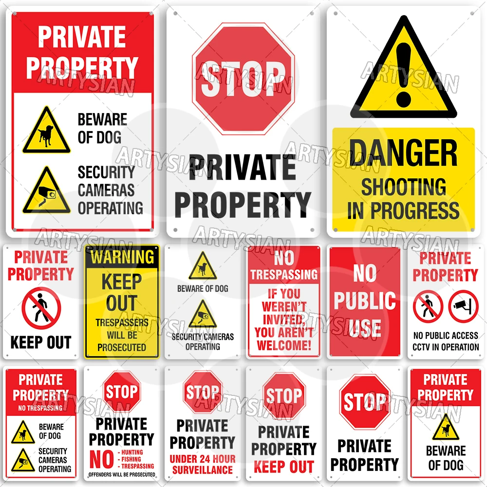 Private Property Metal Sign Beware of Dog Security Warning No Trespassing Notice Restricted Areas Enter at Own Risk Plaque