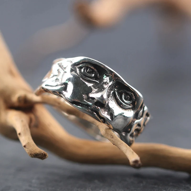 Retro Mask Ring Men's Trendy Personality Cold Wind Open Ring Creative Thai Silver Touching Face Texture Rings KOFSAC