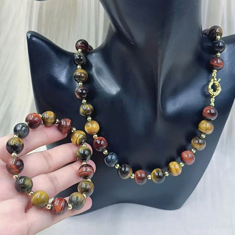 12mm Vintage Men Natural Mix Tiger Eye Lady Chokers Necklace Bracelet Jewelry Set 20inch 8inch