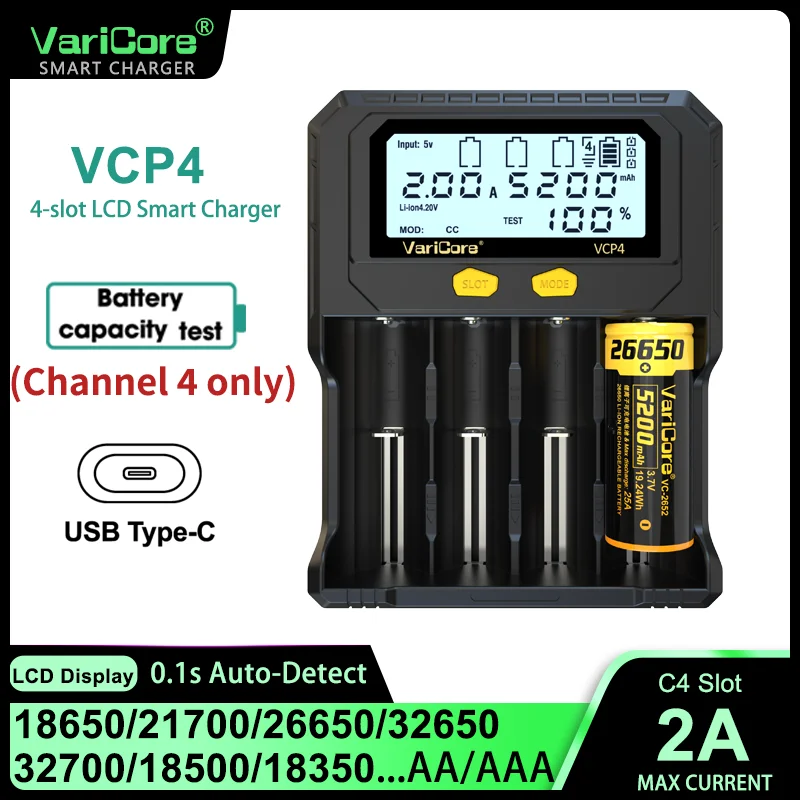 

Varicore 18650 Battery Charger ,3.7V 18350 14500 18500 21700 26650 1.2V AAA NiMH Lithium LCD Charger