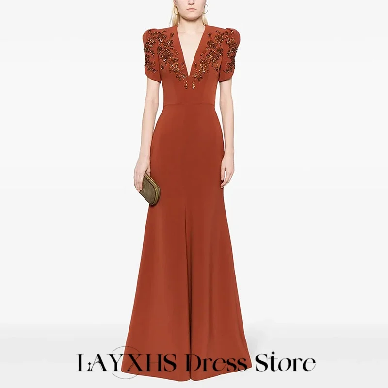 فساتين سهرة رسمية فريدة من نوعها من LAYXHS على شكل حرف v نصف كم مزينة بالخرز حورية البحر فساتين لحضور الحفلات الموسيقية مخصصة من Fساتين Sheer